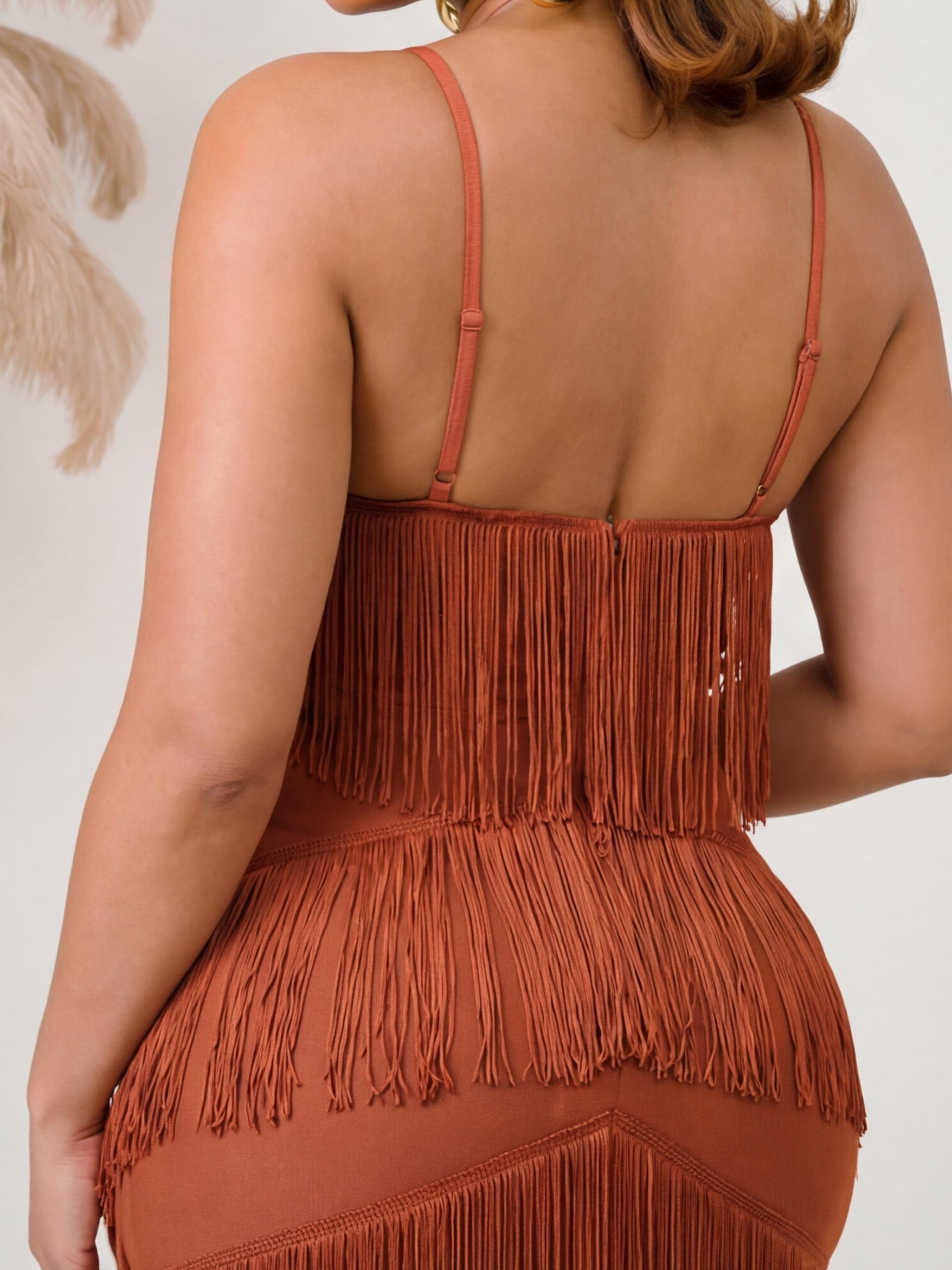 Josephine Plunge V Neck Fringe Embellished Bandage Midi Dress